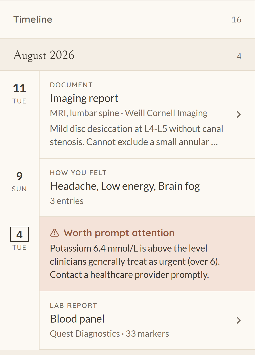 The Records timeline in Antelic, on a phone-width column: a header reading Timeline with a count of sixteen, then an August 2026 group holding an imaging report from Weill Cornell Imaging with the first line of its findings, a day of logged symptoms reading Headache, Low energy, Brain fog, a flagged note headed Worth prompt attention telling the reader to contact a healthcare provider, and a blood panel from Quest Diagnostics carrying 33 markers. Every row is dated in a left-hand gutter.